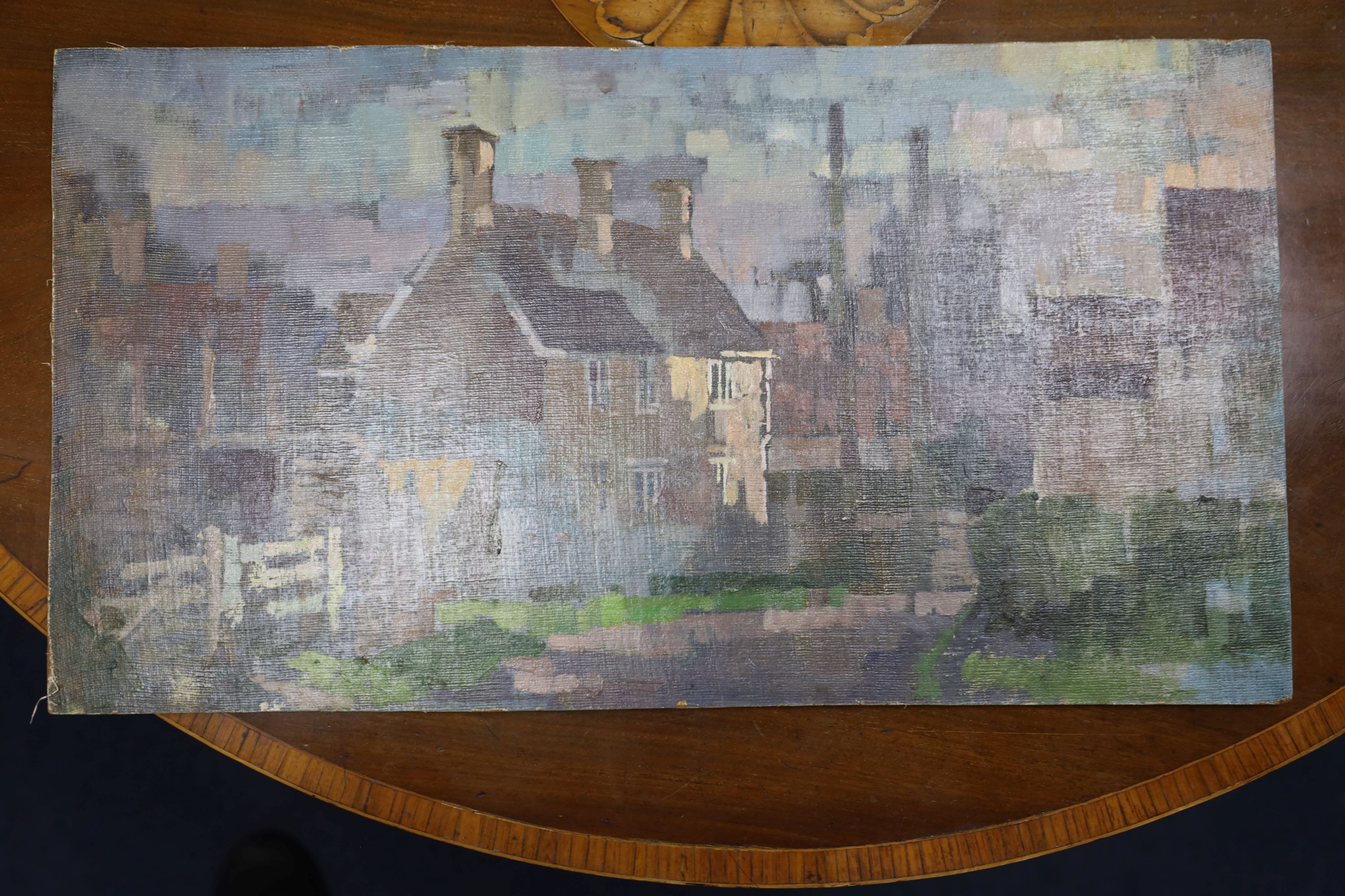 Michael Cadman (1920-2010), fourteen assorted oils on board, mostly landscapes, largest 30 x 46cm, mostly unframed and many unsigned, together with a sketch book